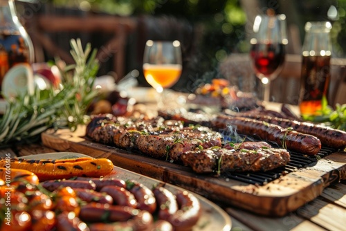A backyard barbecue party with friends, featuring grilled steaks, sausages, and cold beverages photo