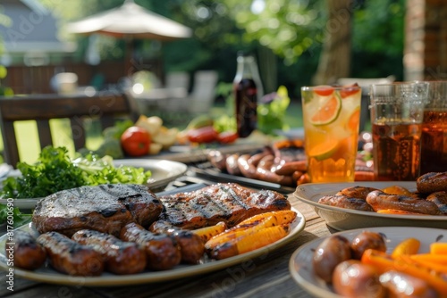 A backyard barbecue party with friends, featuring grilled steaks, sausages, and cold beverages photo