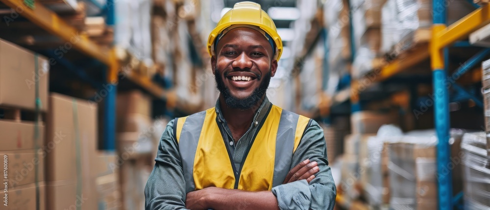 Confident warehouse worker in safety gear standing with arms crossed in a large distribution warehouse Confident warehouse worker in safety gear standing with arms crossed in a large distribution warehouse