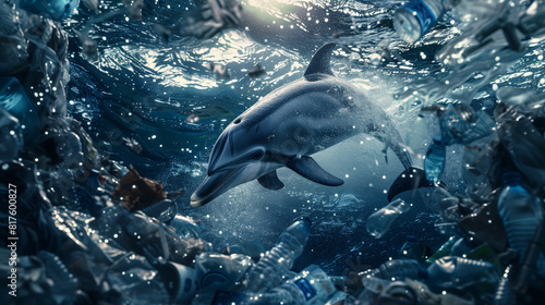 A dolphin swimming in a sea of plastic bottles. The concept of sadness and despair caused by the damage that people cause to the environment