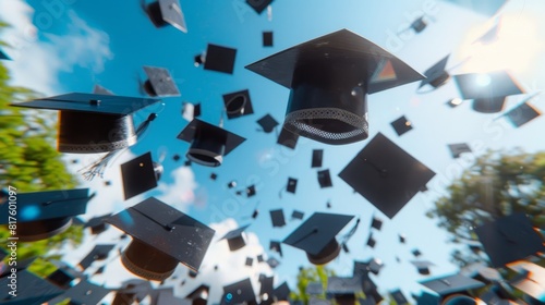  A group of graduates  wearing caps and gowns  joyfully toss their hats skyward in celebration of graduation