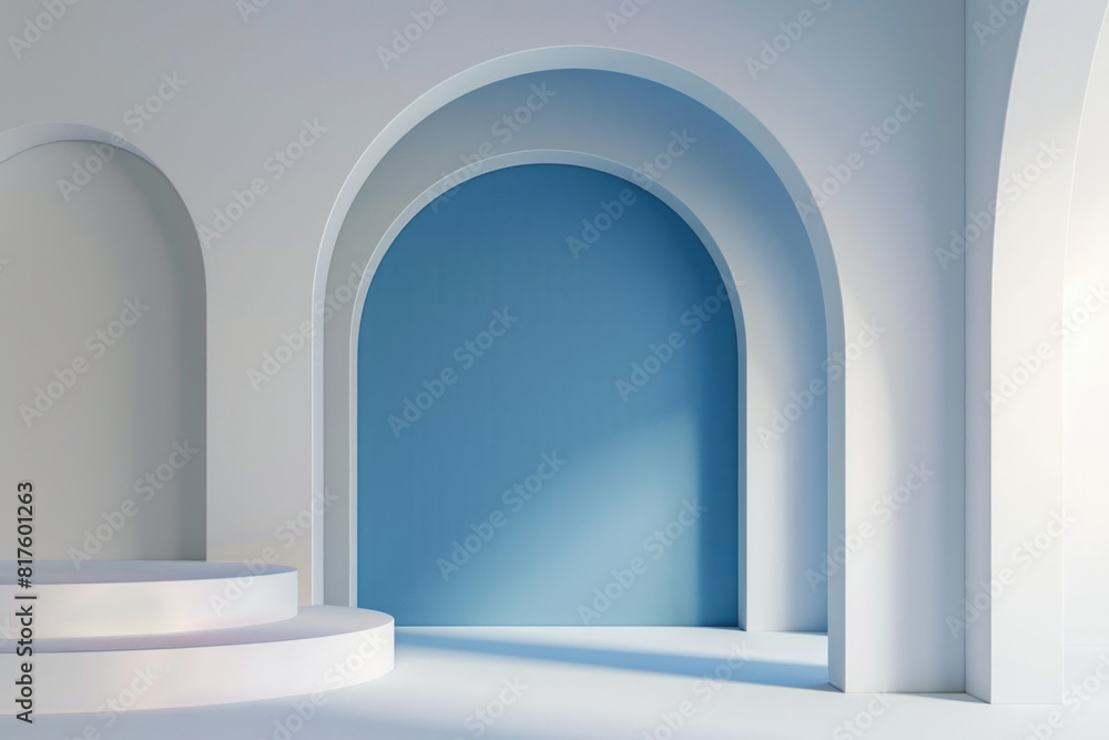 Minimalist 3D white and blue interior design background with an open space