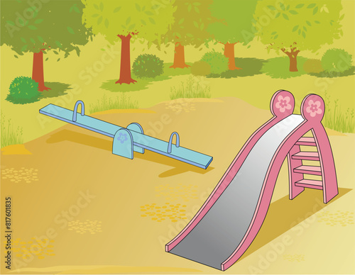 Kids playground in park. School area. Outdoor play ground equipment for kindergarten or house. Empty city landscape. Children town with ladders and slides.