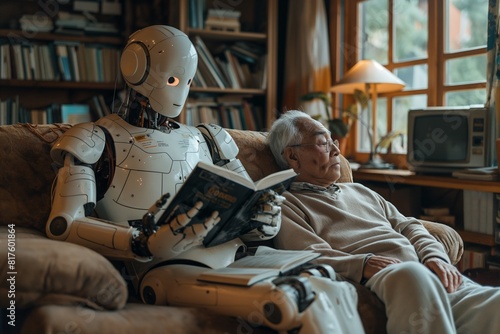 AI generated illustration of a robot on a sofa, engrossed in a book with an elderly man by its side