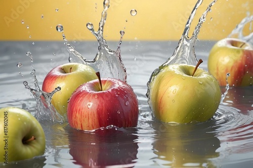 Apples in water, splashes photo