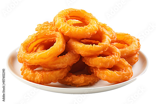 Onion ring. Yellow deep fried onion rings in white plate Isolated on cut out PNG or transparent background. Realistic food clipart template pattern. Breaded crispy vegetable Snack. photo