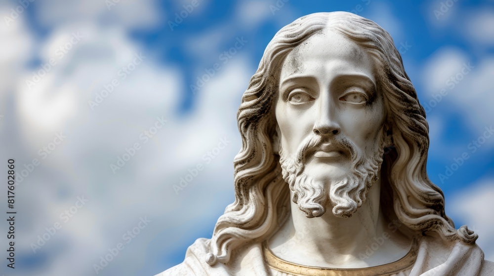 A man statue, long-haired and bearded, stands before a blue-white sky adorned with clouds A man statue, long-haired and bearded, stands before a blue-white sky adorned with clouds