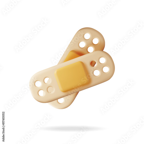 3D medical plaster icon isolated on white. Render wound bandage patch symbol. Adhesive bandage elastic plaster. Healthcare and pharmacy. Minimal vector illustration