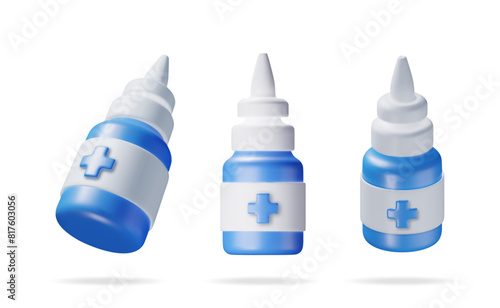 3D set of medicine spray bottle isolated. Render collection of oral spray in glass package. Aerosol for mouth and throat. Medical drug, vitamin, antibiotic. Healthcare pharmacy. Vector illustration
