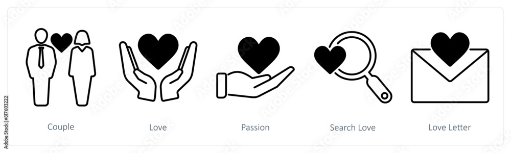 A set of 5 Love and Romance icons as couple, love, passion, A set of 5 Love and Romance icons as couple, love, passion,