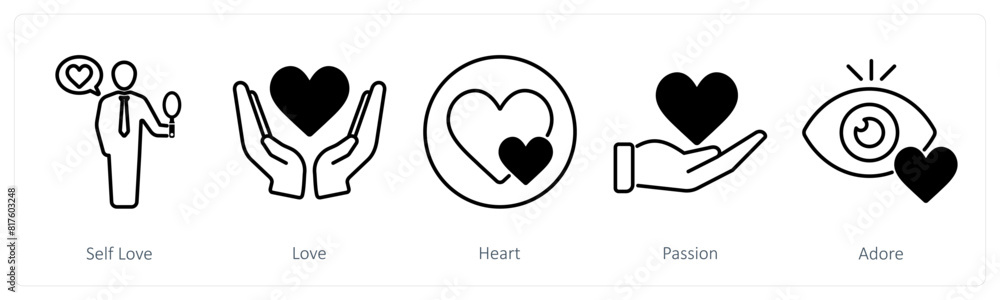 A set of 5 Love and Romance icons as self love, love, heart, passion