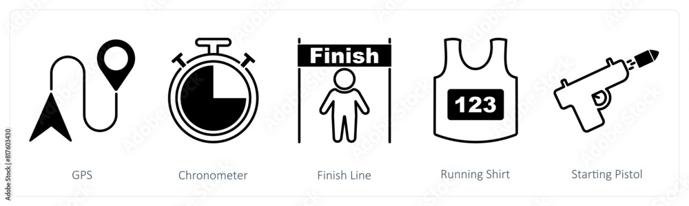 A set of 5 Running icons as gps, chronometer, finish line A set of 5 Running icons as gps, chronometer, finish line