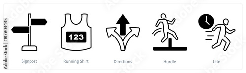 A set of 5 Running icons as signpost, running shirt, directions