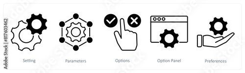 A set of 5 Settings icons as setting, parameters, options