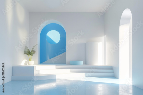 Minimalist 3D white and blue interior design background with an open space © grey