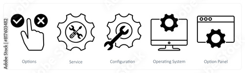 A set of 5 Settings icons as options, service, configuration