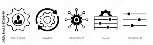 A set of 5 Settings icons as user setting, cogwheel, management
