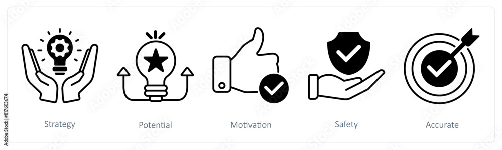 A set of 5 Success icons as strategy, potential, motivation A set of 5 Success icons as strategy, potential, motivation