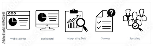 A set of 5 Statistics icons as web statistics, dashboard, interpreting data