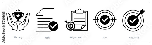A set of 5 Success icons as victory, task, objectives