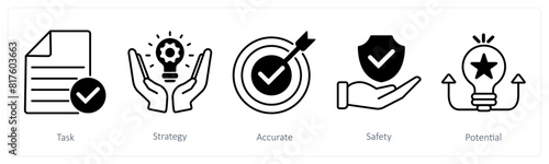 A set of 5 Success icons as task, strategy, accurate