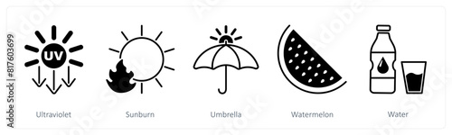 A set of 5 Sun Protection icons as ultraviolet, sunburn, umbrella