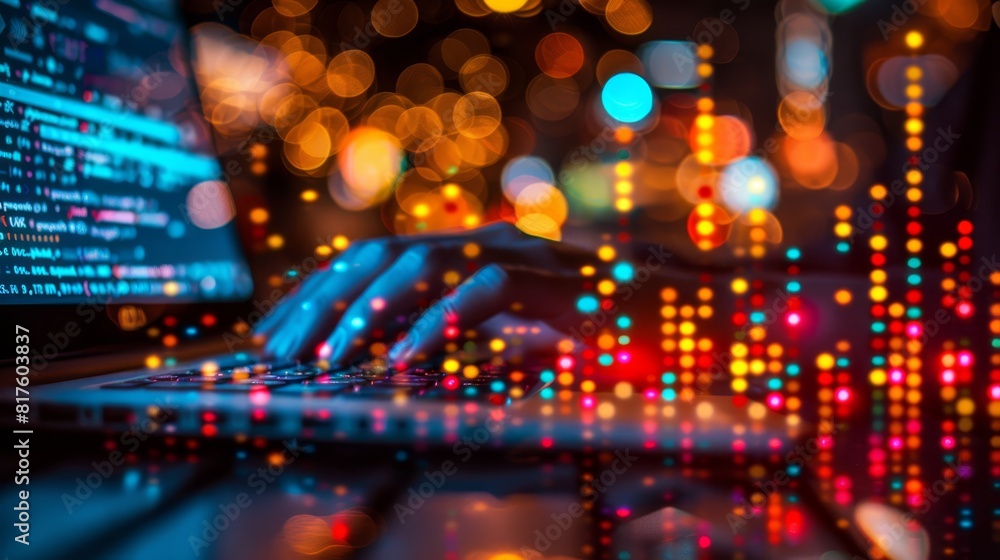 A tight shot of a person's hands typing on a laptop, surrounded by a blurred backdrop of multicolored lights A tight shot of a person's hands typing on a laptop, surrounded by a blurred backdrop of multicolored lights