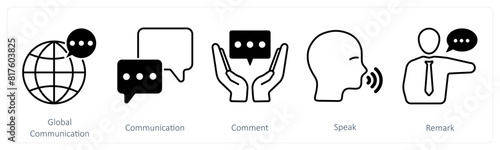 A set of 5 communication icons as global communication, communication, comment