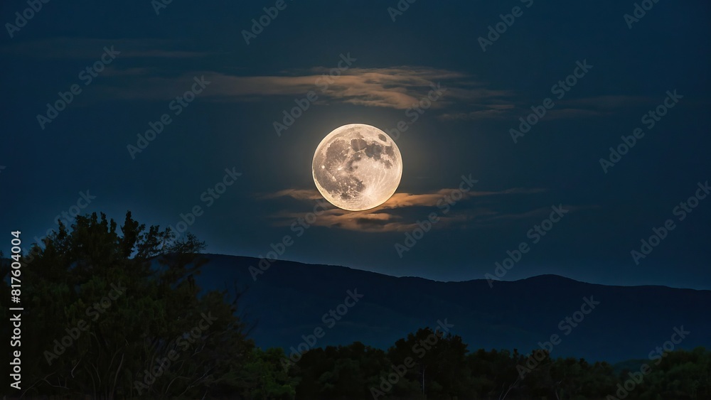 Glowing full moon illuminating a tranquil starry night sky