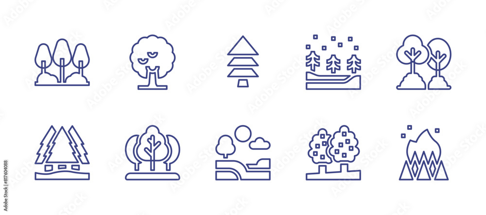 Forest line icon set. Editable stroke. Vector illustration. Containing forest, fire, tree, pinetree, trees, snowy, landscape, pine.