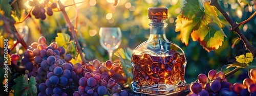 Bottles of brandy against the backdrop of a vineyard. Selective focus. photo