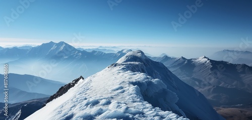 The peak of a remote mountain with a thin layer of ice and snow, the air so clear that distant mountains appear just a stone's throw away. 32k, full ultra HD, high resolution