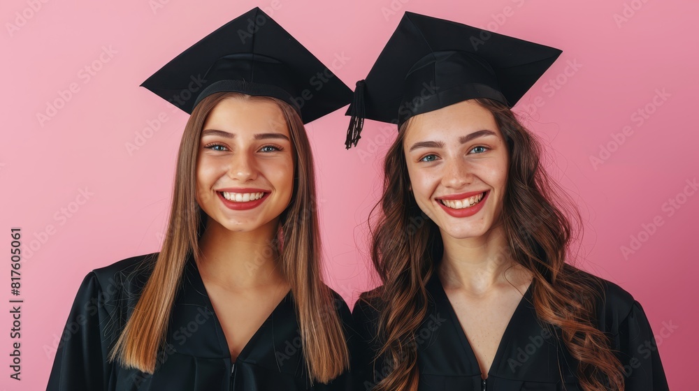  Two young women in graduation caps and gowns stand before a pink backdrop for their graduation photo