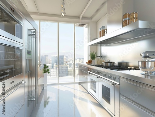 Stylish Kitchen with Stainless Steel Appliances and Scenic View photo