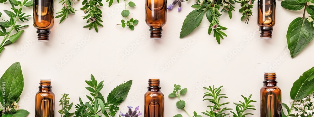 Bottles with essential oils on a background of flowers and leaves. Selective focus. Bottles with essential oils on a background of flowers and leaves. Selective focus.
