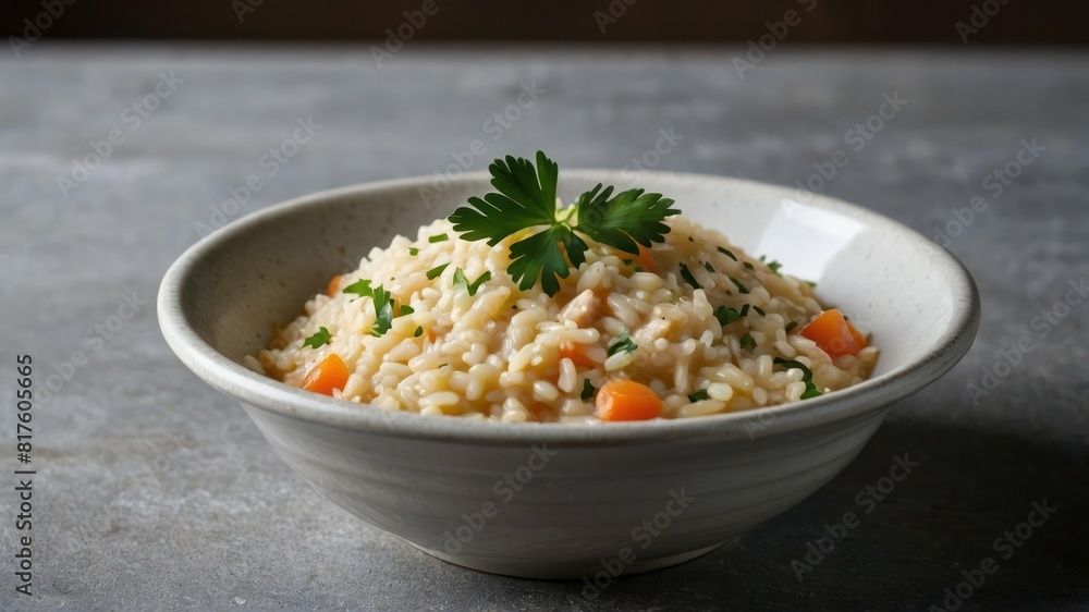 A bowl of creamy risotto garnished with parsley and chives on a wooden table A bowl of creamy risotto garnished with parsley and chives on a wooden table