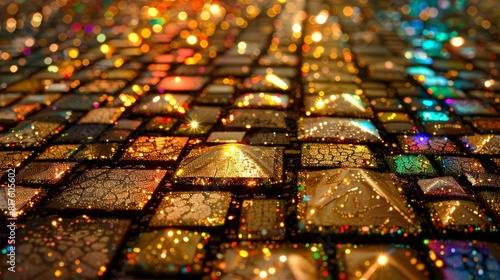  A tight shot of a multicolored glass tile bathed in light from above