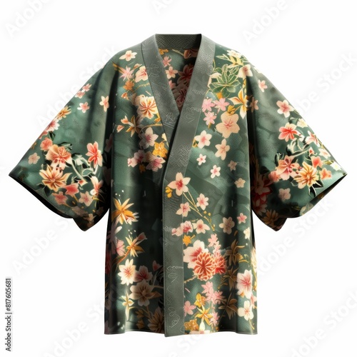 Green kimono with intricate floral designs displayed