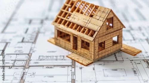  A wooden model of a house atop a blueprint; background features a house drawing