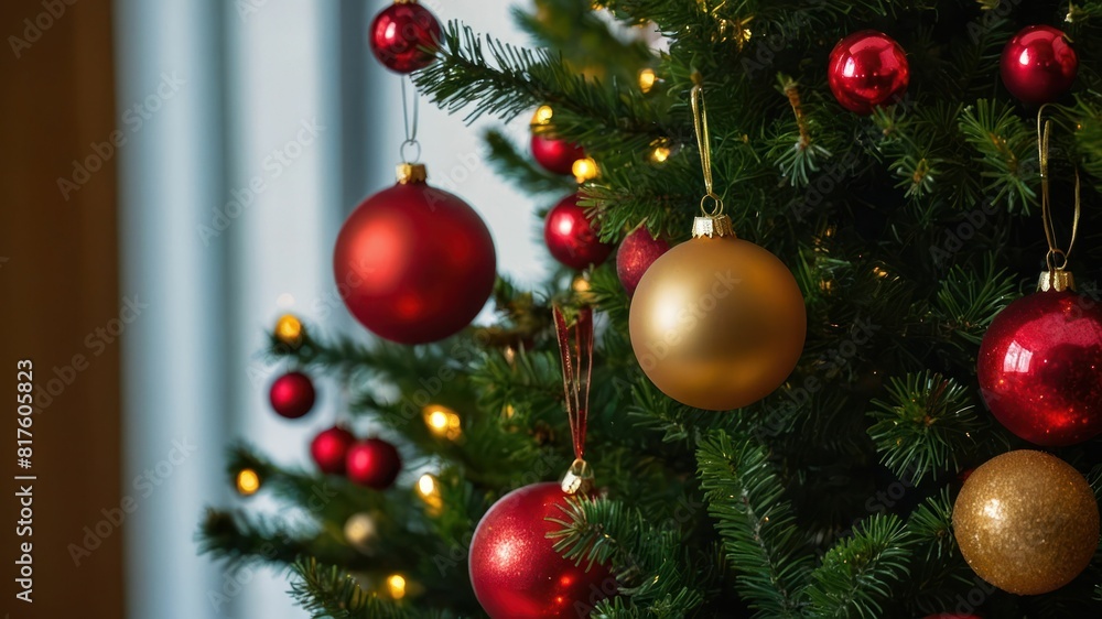 A festive red and green Christmas tree ornament on an evergreen branch with lights