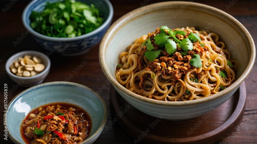A tray of delicious dan dan noodles with chewy noodles and fresh garnishes A tray of delicious dan dan noodles with chewy noodles and fresh garnishes