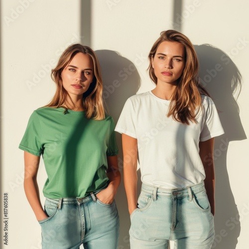 Two women with strong resemblance pose side by side in casual wear against a plain white wall, with direct sunlight casting shadows photo