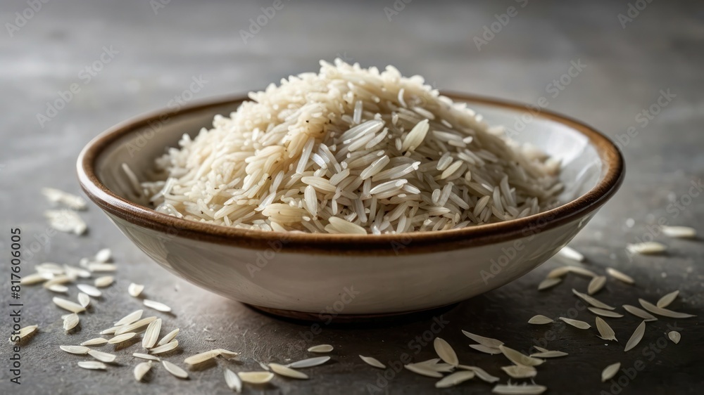 A bowl of aromatic basmati rice with fluffy long grains on a wooden surface A bowl of aromatic basmati rice with fluffy long grains on a wooden surface