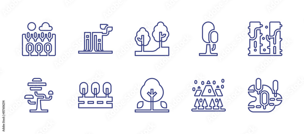 Forest line icon set. Editable stroke. Vector illustration. Containing forest, swamp, tropical, tree, stump, scenery, road, trees.
