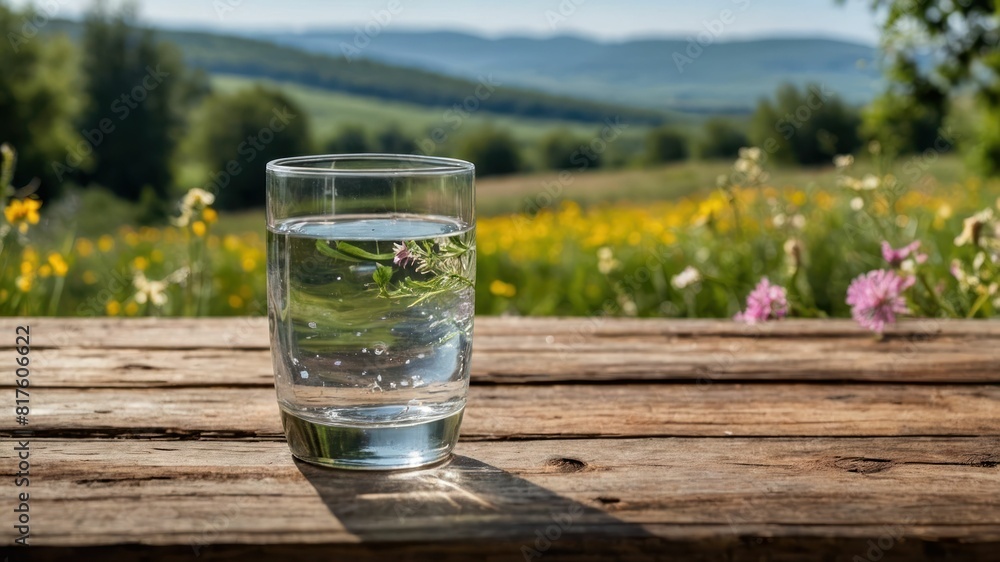 A glass of water on a rustic table with a floral background, ideal for summer wellness concepts
