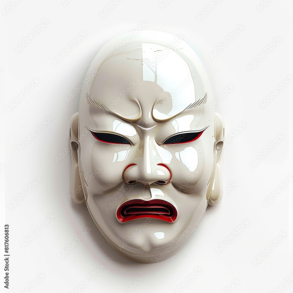 White Japanese Noh mask displayed on a white wall White Japanese Noh mask displayed on a white wall