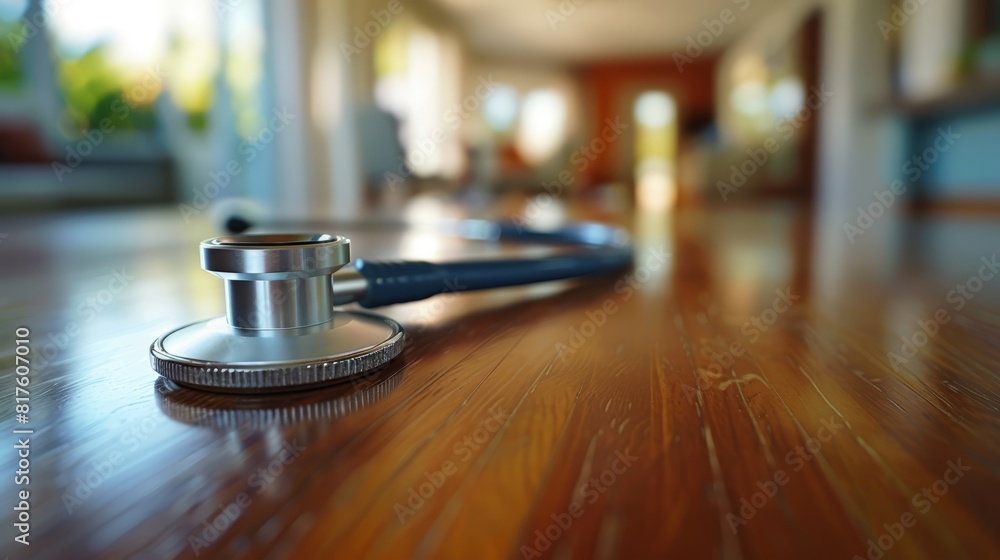 A stethoscope atop a wooden table, backdrop of a long hallway and its adjoining corridor A stethoscope atop a wooden table, backdrop of a long hallway and its adjoining corridor