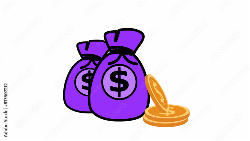 Dollar coin purple money bag animation white background Dollar coin purple money bag animation white background