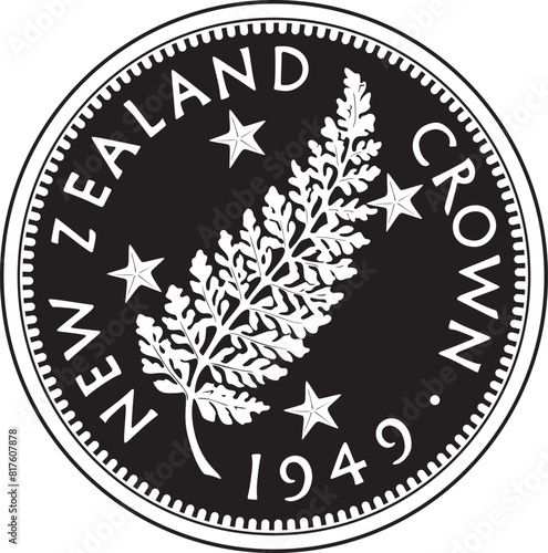 One crown New Zealand coin 1949 vector design with silver fern handmade silhouette.