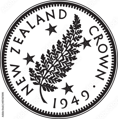 One crown New Zealand coin 1949 vector design with silver fern handmade silhouette.